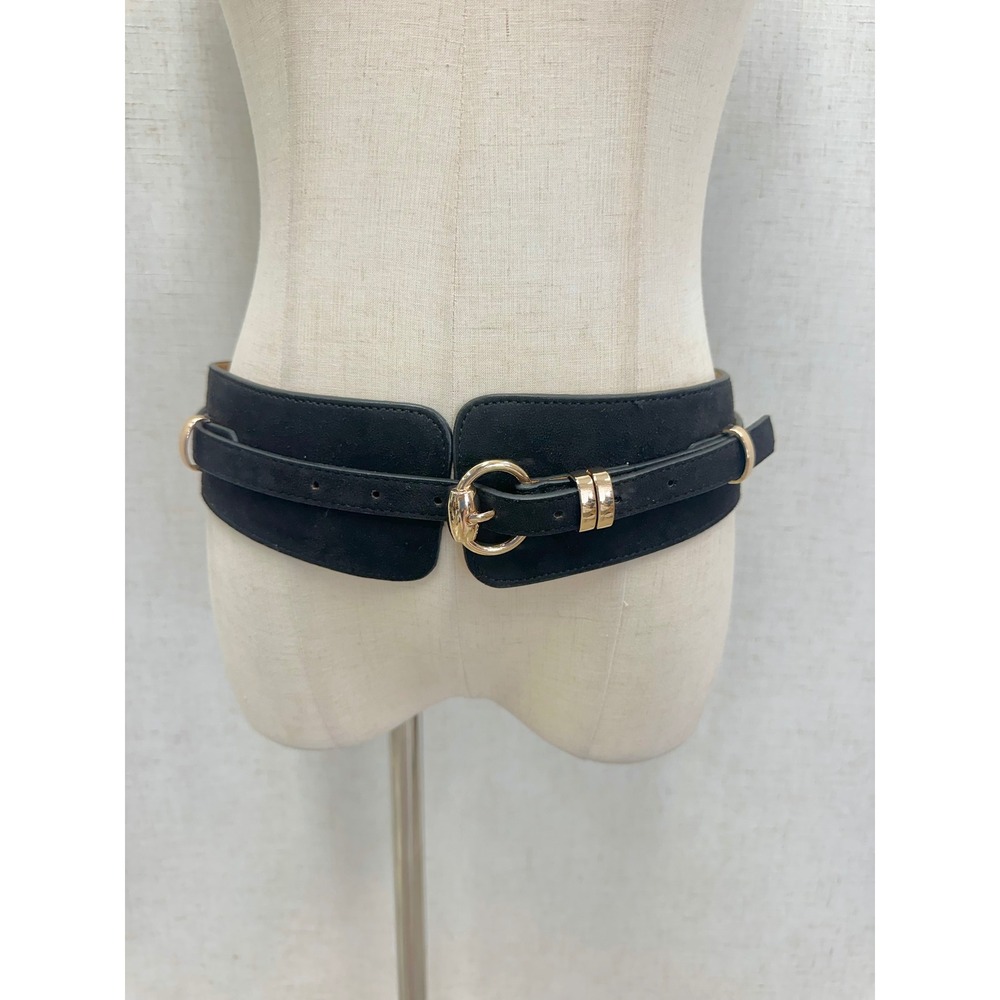Unbranded Black Faux Suede Wide Cinch Waist‎ Belt Women Small Medium Gold Buckle